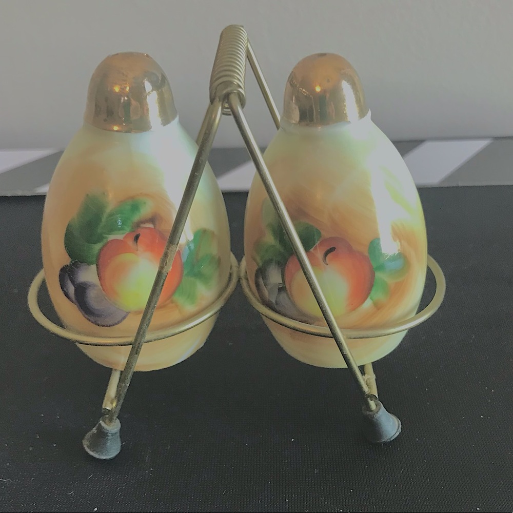 Vintage Fruit Salt And Pepper Shakers Brass Holder